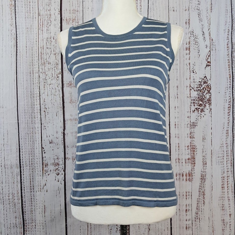Jones New York Suit 10 Blue White Striped 100% Silk Knit Sleeveless Shell